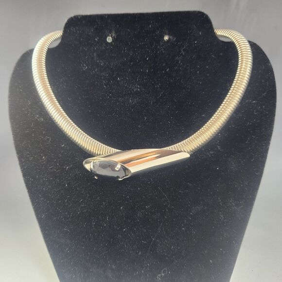 Choker Necklace Black Inset 1980s Deco Stainless Chrome Collar Snake Metal Coil - Picture 1 of 8